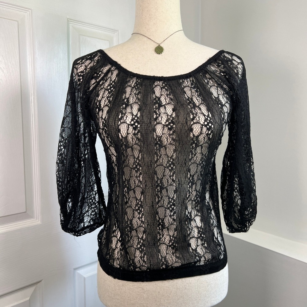 Whimsygoth Black Sheer Floral Lace Top 3/4 Sleeve Y2K Fairy Grunge Fits Like M